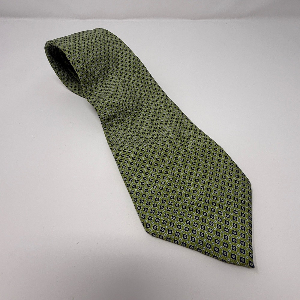 Izod Mens Silk Necktie Lime Green Navy Blue Geometric Diamond Pattern Classic